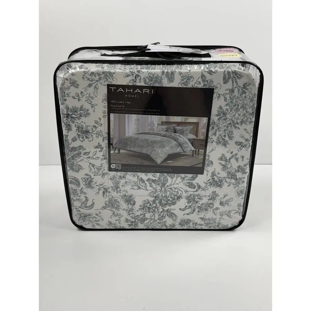 New Tahari Home 4PC KING Duvet Cover Steel Gray Shams Round Bow Pillow